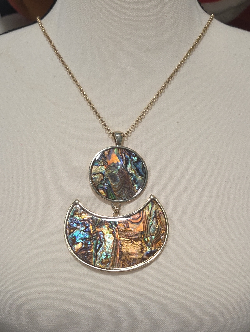 Abalone Inlay Crescent Pendant Necklace - Iridescent Gold Tone